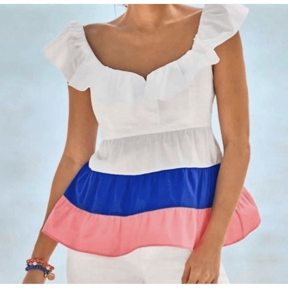 Lilly‎ Pulitzer Emie Ruffle Top Resort White Color-Block Size 10